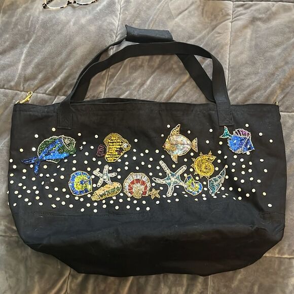 Magid Handmade Beaded Embellished Coastal Fish Tropical Black Tote Shoulder Bag - Picture 1 of 12